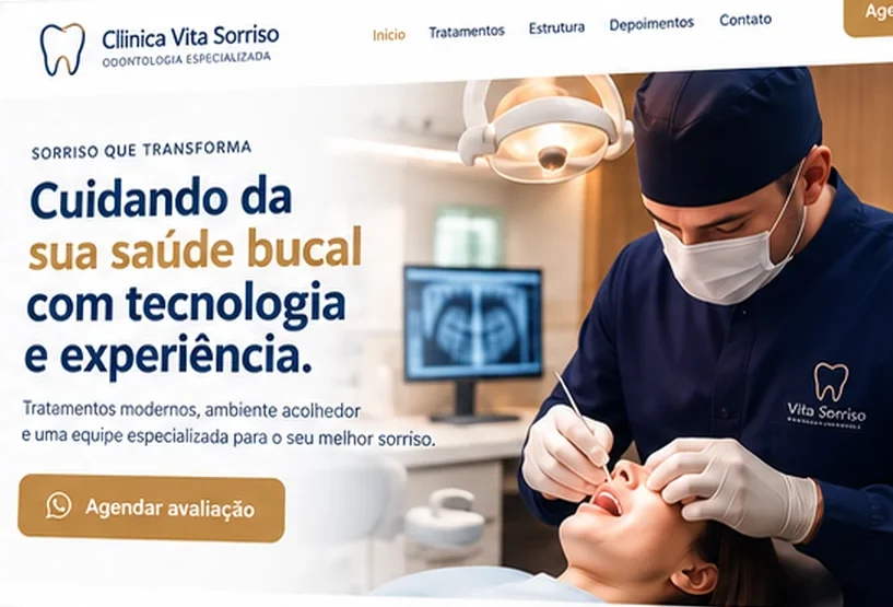 Exemplo visual de site odontológico profissional exibido em notebook