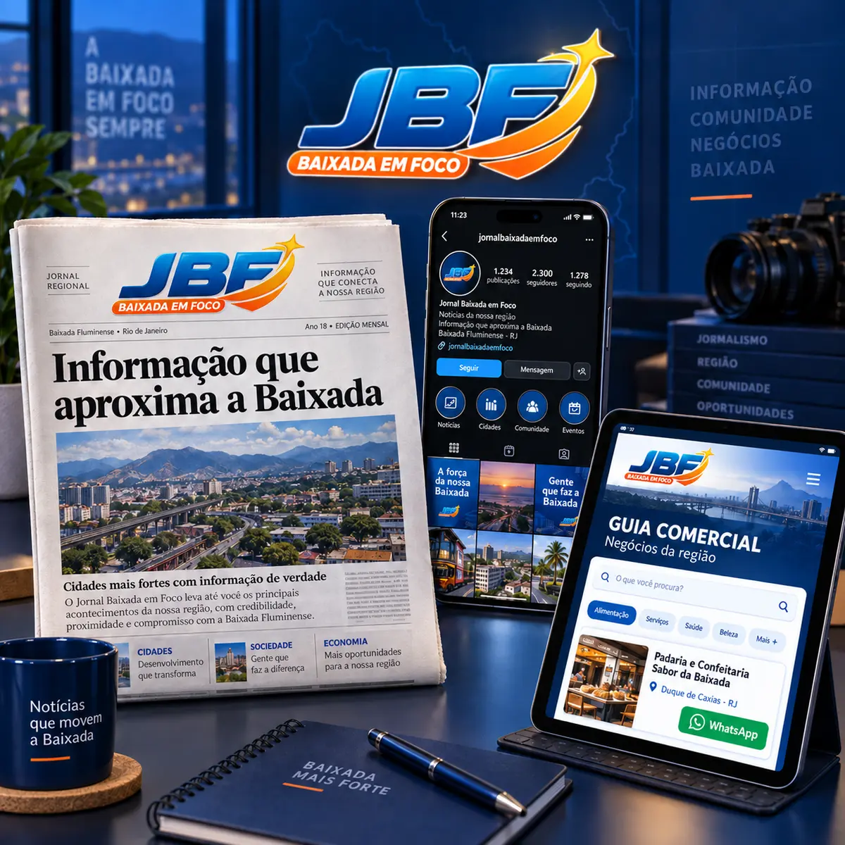 Jornal Baixada em Foco apresentado no jornal impresso, no Instagram e no Guia Comercial digital