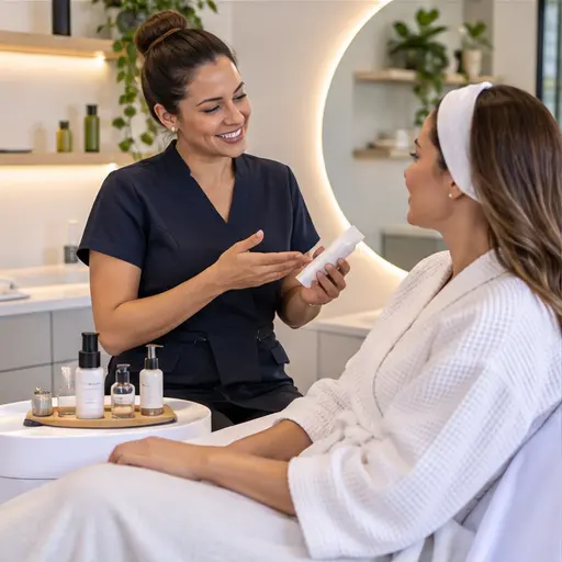 Profissional de estética orientando uma cliente