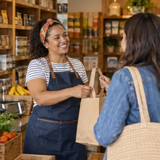 Comerciante atendendo uma cliente em uma loja de bairro