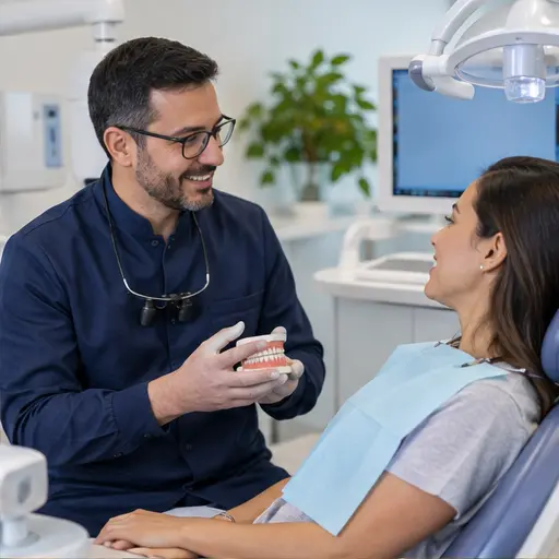 Dentista orientando uma paciente em consultório odontológico