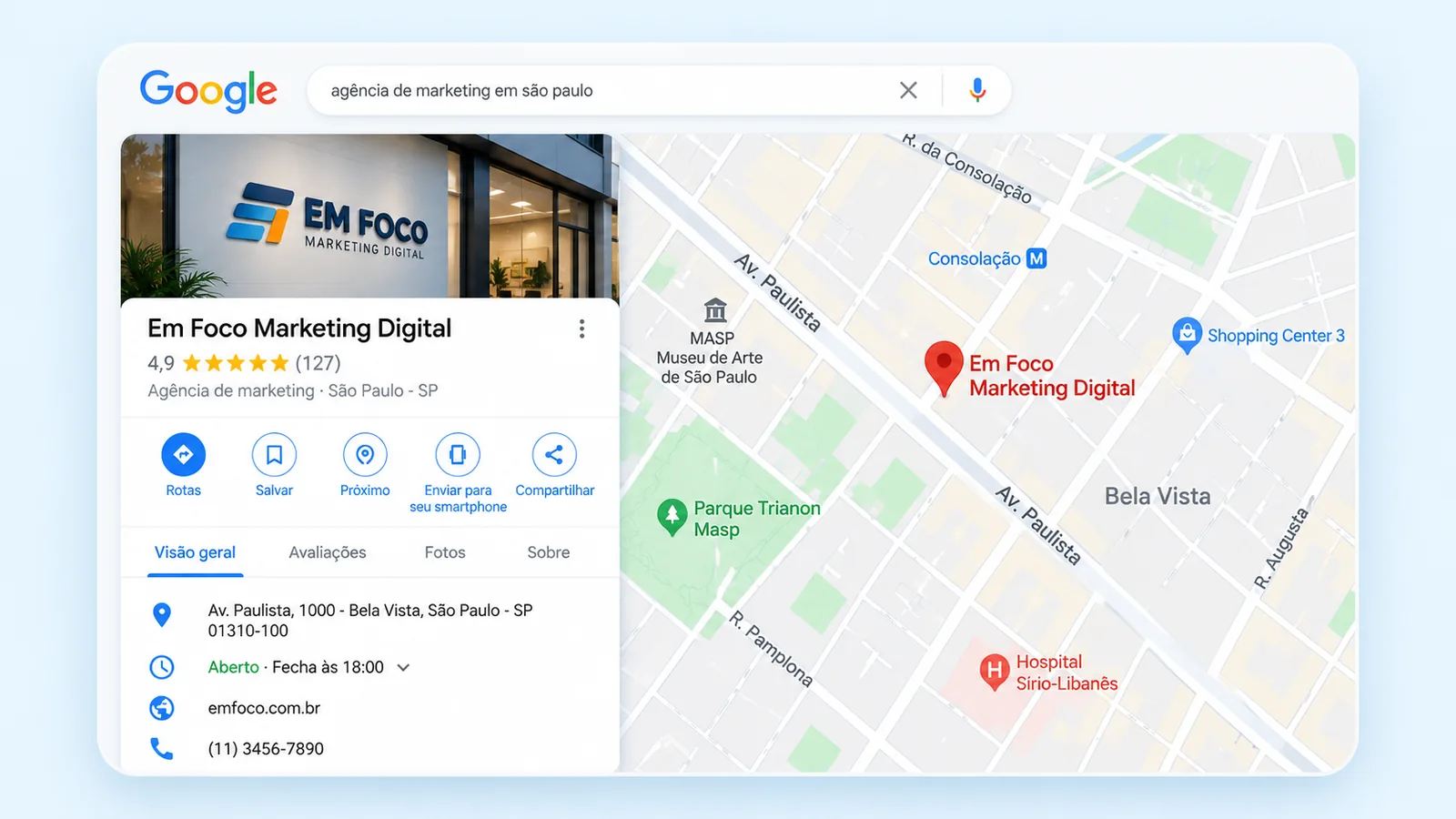 Exemplo visual de Perfil da Empresa no Google e mapa com localização