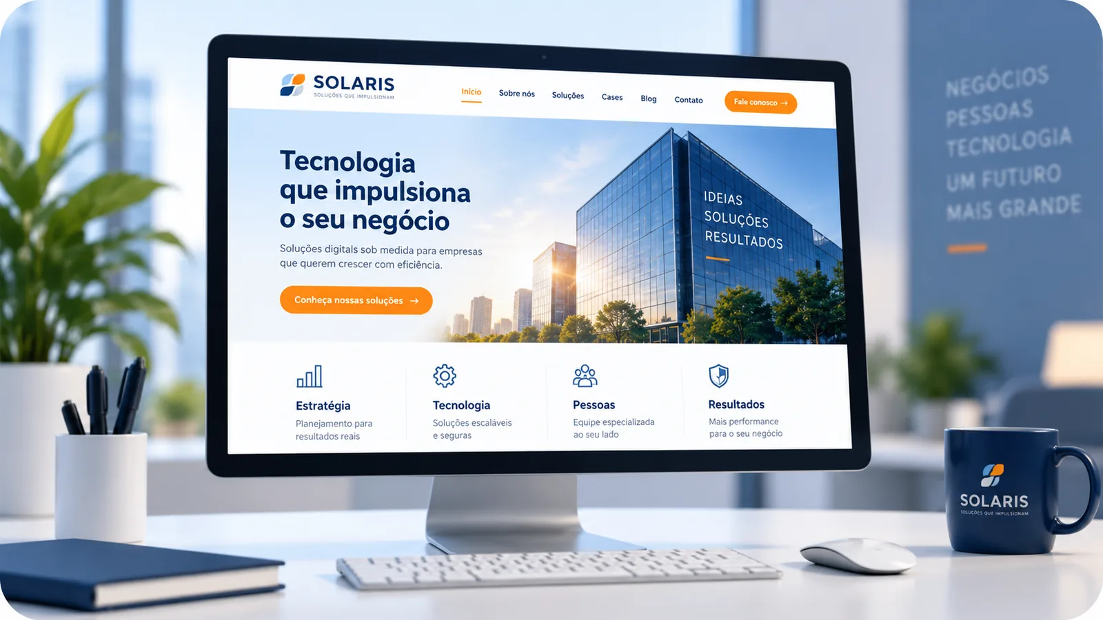 Exemplo visual de site institucional profissional exibido em computador